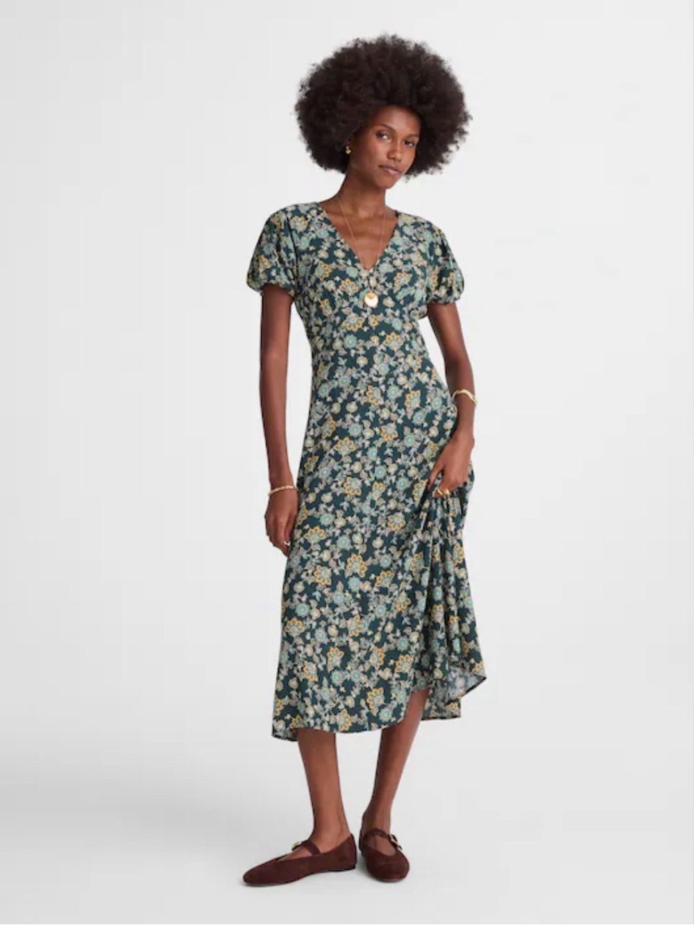 Madewell Seamed Puff-Sleeve Midi Dress